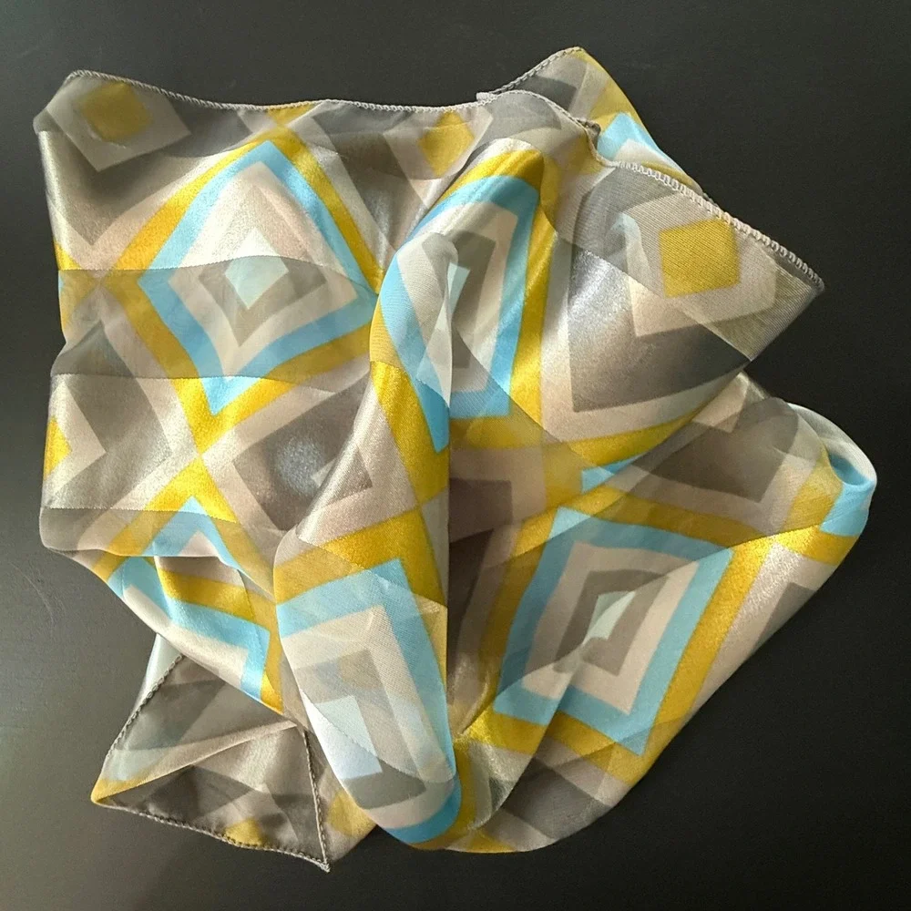 Vintage Geometric and‎ Floral Silk Scarf Set Blue Yellow Grey Rectangular